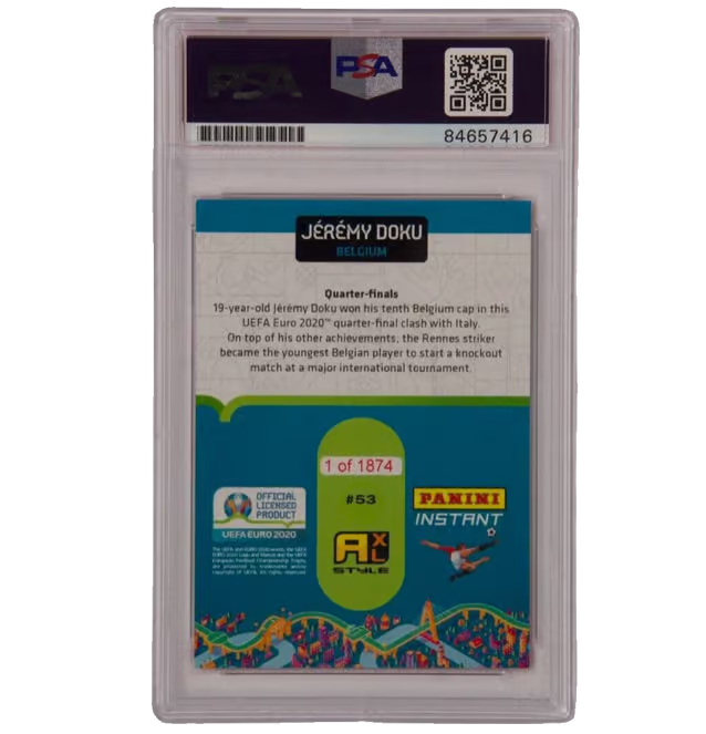 Jeremy Doku Signed 2020 Panini Instant Euro Competition /1874 – PSA Authentic